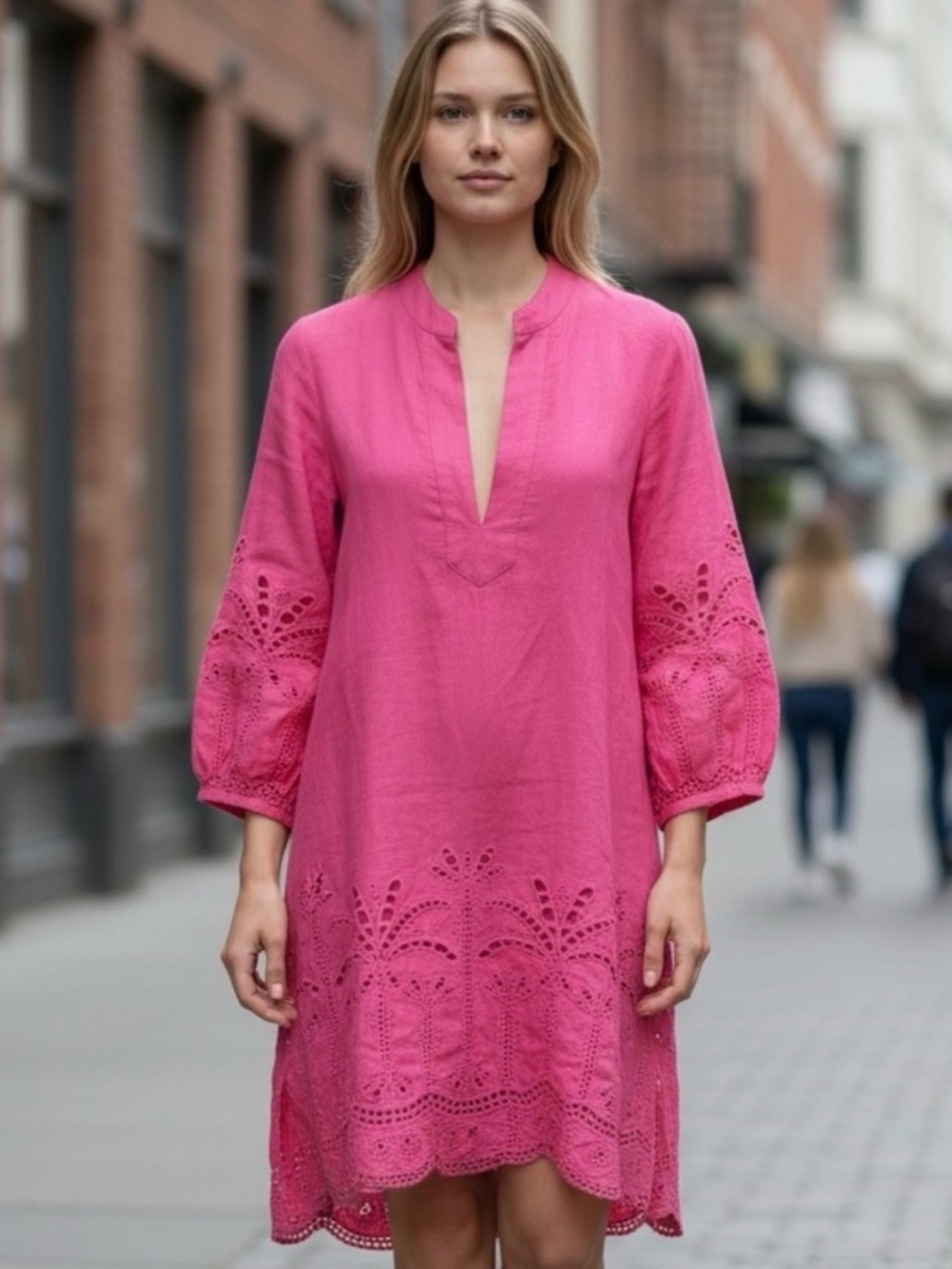 J. McLaughlin Pink Eyelet Split-Neck Newberry Dress Linen Blend.
